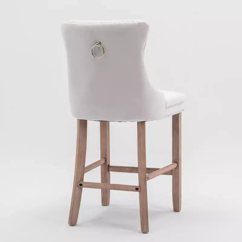 Set of 2 Contemporary Velvet Upholstered Barstools with Button Tufted Back, Wooden Legs & Chrome Nailhead Trim