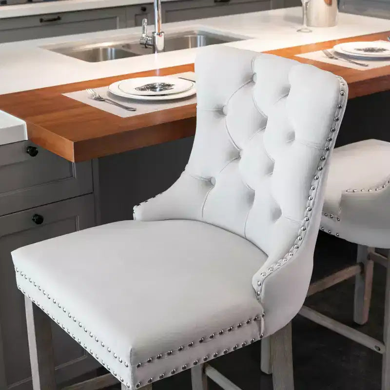 Set of 2 Contemporary Velvet Upholstered Barstools with Button Tufted Back, Wooden Legs & Chrome Nailhead Trim