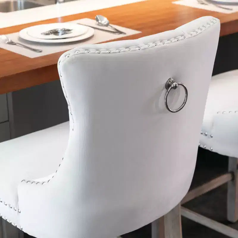 Set of 2 Contemporary Velvet Upholstered Barstools with Button Tufted Back, Wooden Legs & Chrome Nailhead Trim
