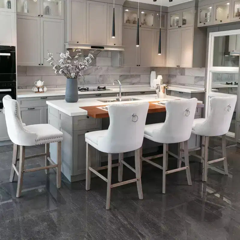 Set of 2 Contemporary Velvet Upholstered Barstools with Button Tufted Back, Wooden Legs & Chrome Nailhead Trim