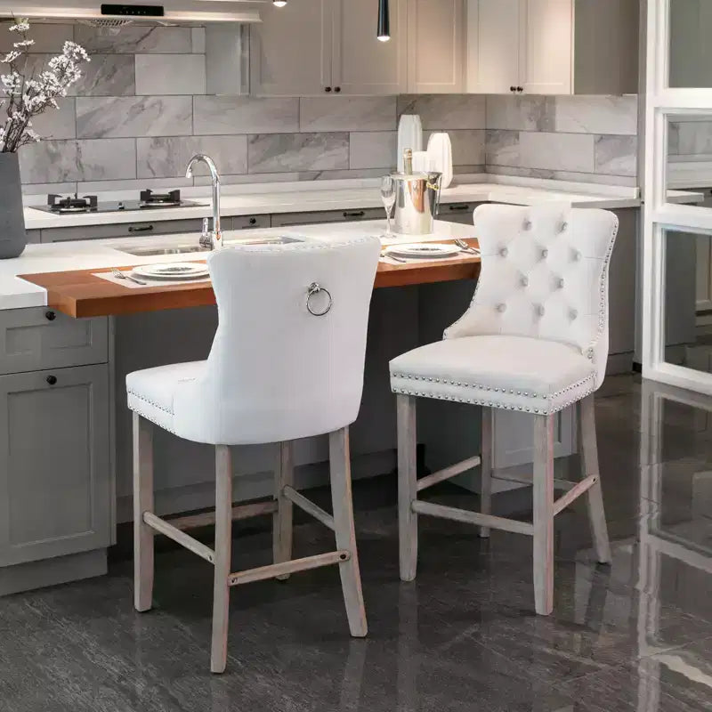 Set of 2 Contemporary Velvet Upholstered Barstools with Button Tufted Back, Wooden Legs & Chrome Nailhead Trim