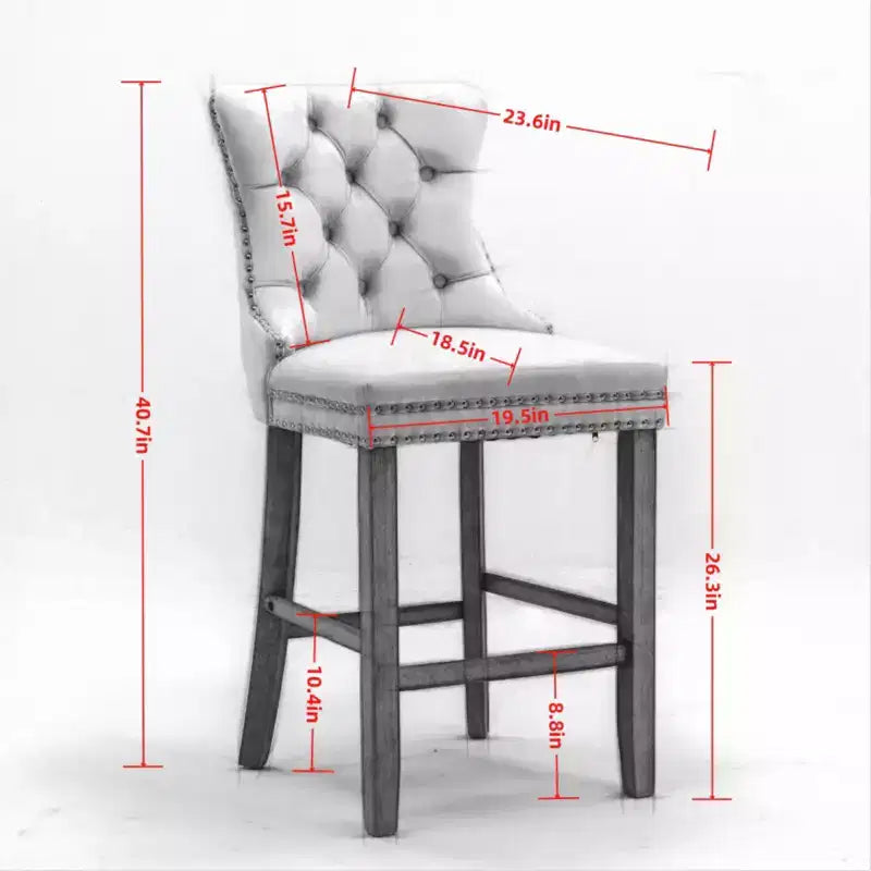 Set of 2 Contemporary Velvet Upholstered Barstools with Button Tufted Back, Wooden Legs & Chrome Nailhead Trim