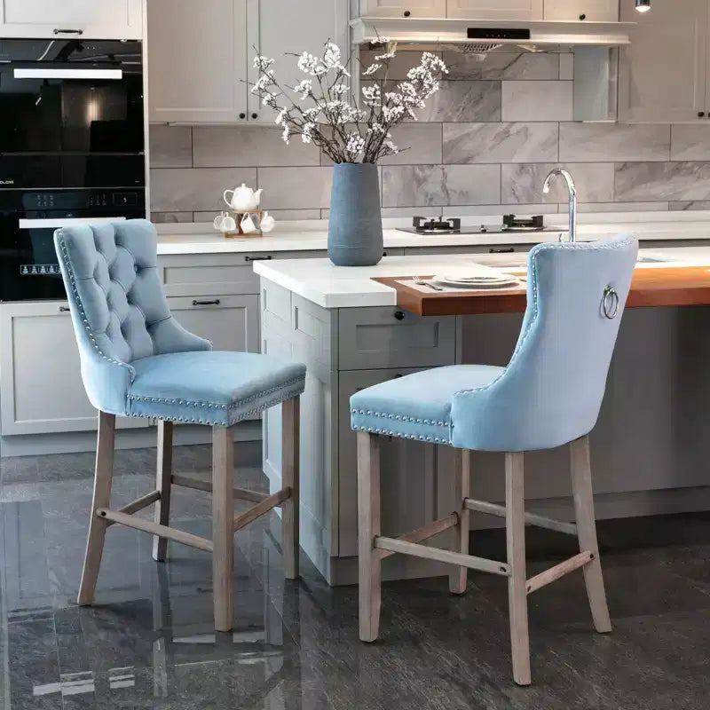 Set of 2 Contemporary Velvet Upholstered Barstools with Button Tufted Back, Wooden Legs & Chrome Nailhead Trim