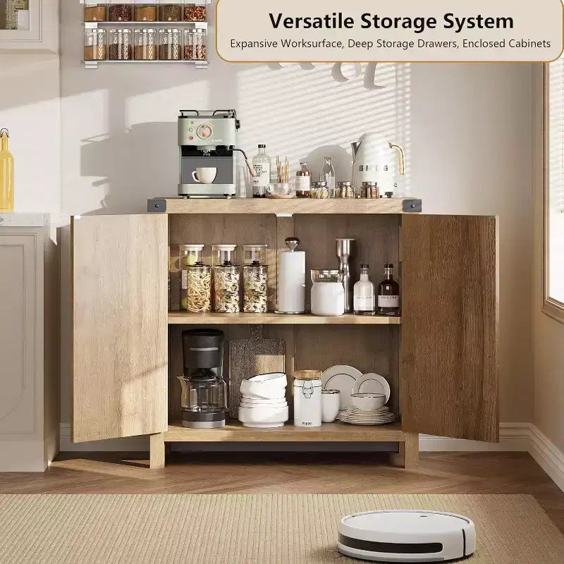Rattan-Accent Buffet Cabinet with Storage, Adjustable Shelves Sideboard, Synthetic Rattan Doors Storage Cabinet for Living Room, Dining Room