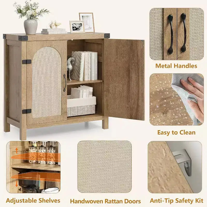 Rattan-Accent Buffet Cabinet with Storage, Adjustable Shelves Sideboard, Synthetic Rattan Doors Storage Cabinet for Living Room, Dining Room