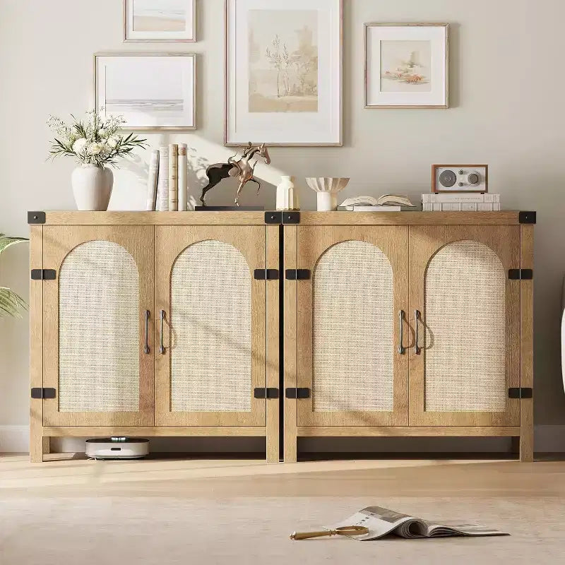 Rattan-Accent Buffet Cabinet with Storage, Adjustable Shelves Sideboard, Synthetic Rattan Doors Storage Cabinet for Living Room, Dining Room