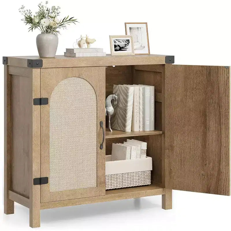 Rattan-Accent Buffet Cabinet with Storage, Adjustable Shelves Sideboard, Synthetic Rattan Doors Storage Cabinet for Living Room, Dining Room