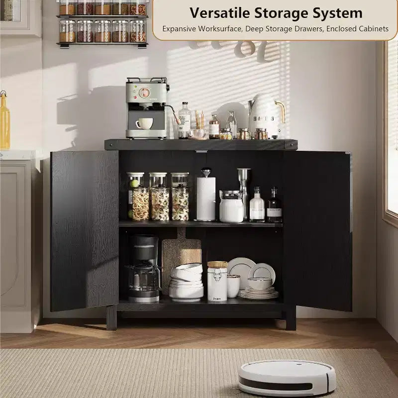 Rattan-Accent Buffet Cabinet with Storage, Adjustable Shelves Sideboard, Synthetic Rattan Doors Storage Cabinet for Living Room, Dining Room