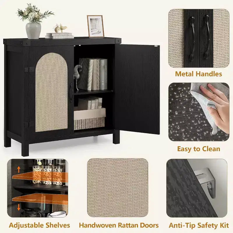 Rattan-Accent Buffet Cabinet with Storage, Adjustable Shelves Sideboard, Synthetic Rattan Doors Storage Cabinet for Living Room, Dining Room