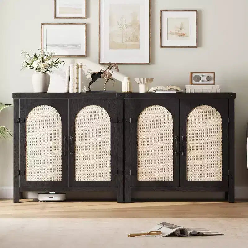 Rattan-Accent Buffet Cabinet with Storage, Adjustable Shelves Sideboard, Synthetic Rattan Doors Storage Cabinet for Living Room, Dining Room