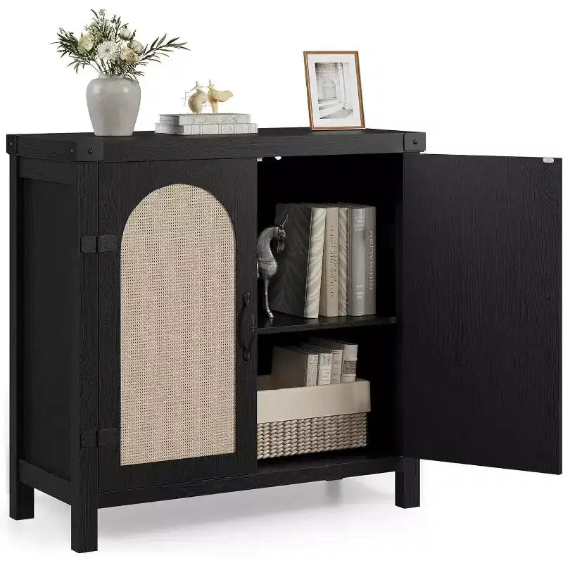 Rattan-Accent Buffet Cabinet with Storage, Adjustable Shelves Sideboard, Synthetic Rattan Doors Storage Cabinet for Living Room, Dining Room
