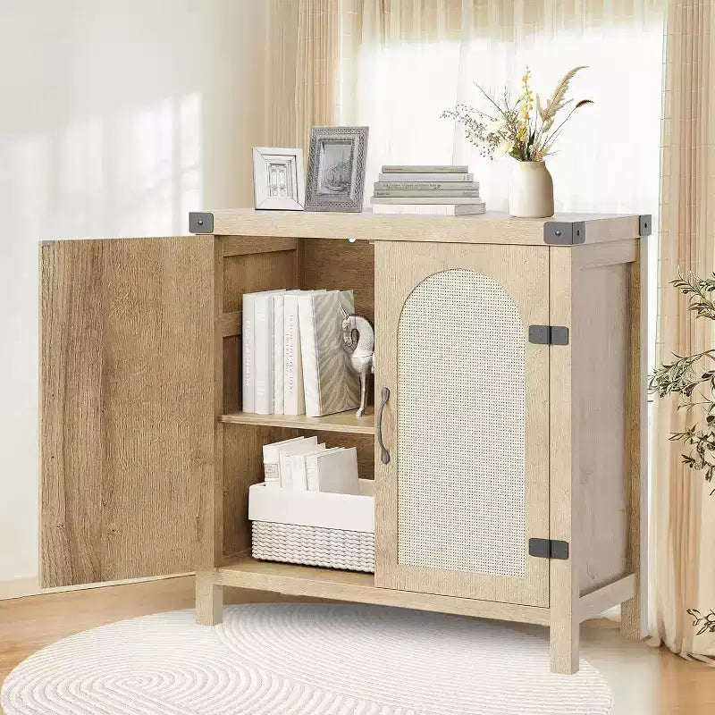 Rattan-Accent Buffet Cabinet with Storage, Adjustable Shelves Sideboard, Synthetic Rattan Doors Storage Cabinet for Living Room, Dining Room