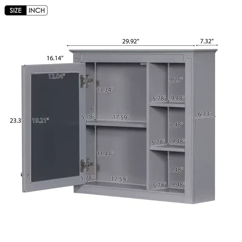 30x28 inch Gray Wall Mounted Bathroom Storage Medicine Cabinet with Mirror and 3 Open Shelves