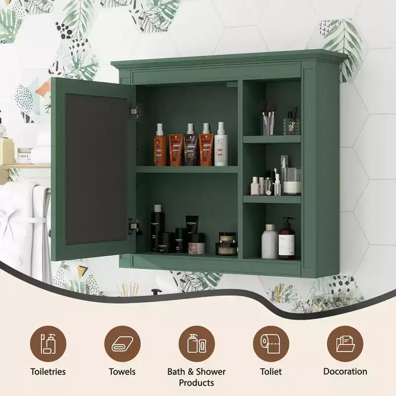 30x28 inch Gray Wall Mounted Bathroom Storage Medicine Cabinet with Mirror and 3 Open Shelves