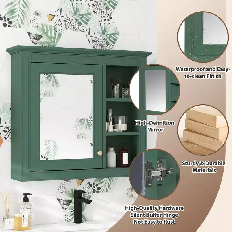 30x28 inch Gray Wall Mounted Bathroom Storage Medicine Cabinet with Mirror and 3 Open Shelves
