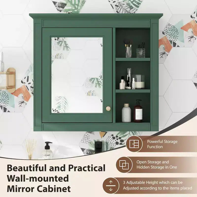 30x28 inch Gray Wall Mounted Bathroom Storage Medicine Cabinet with Mirror and 3 Open Shelves