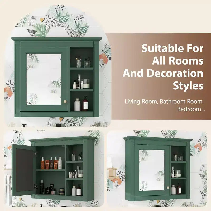 30x28 inch Gray Wall Mounted Bathroom Storage Medicine Cabinet with Mirror and 3 Open Shelves