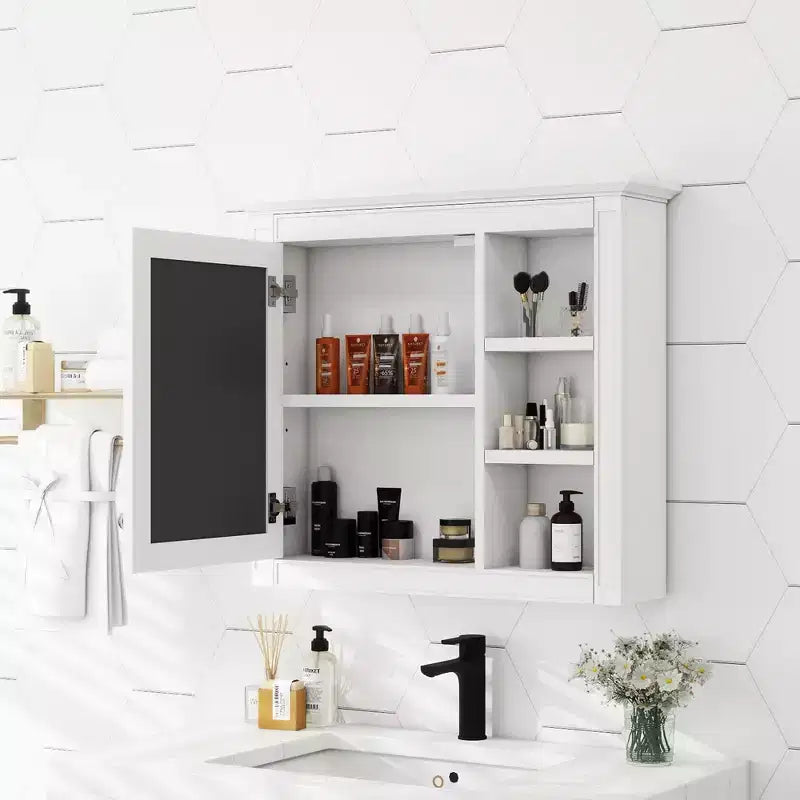 30x28 inch Gray Wall Mounted Bathroom Storage Medicine Cabinet with Mirror and 3 Open Shelves