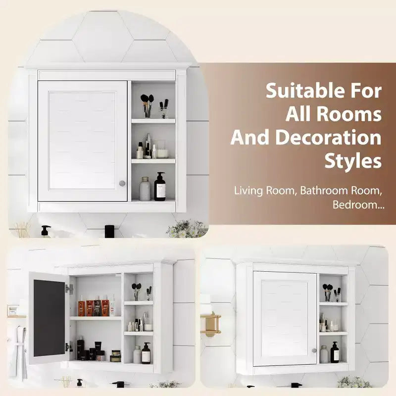 30x28 inch Gray Wall Mounted Bathroom Storage Medicine Cabinet with Mirror and 3 Open Shelves