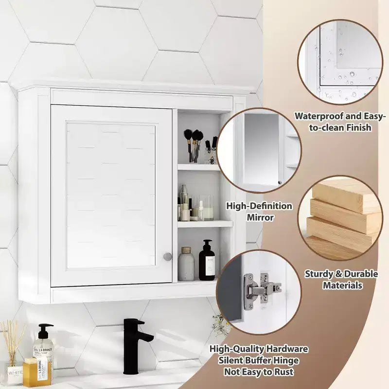 30x28 inch Gray Wall Mounted Bathroom Storage Medicine Cabinet with Mirror and 3 Open Shelves