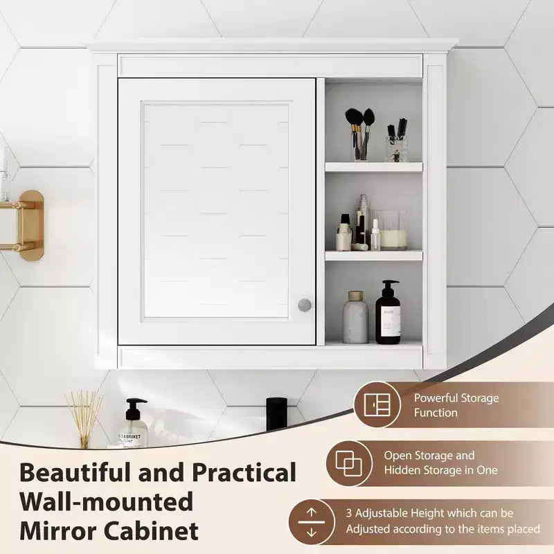 30x28 inch Gray Wall Mounted Bathroom Storage Medicine Cabinet with Mirror and 3 Open Shelves