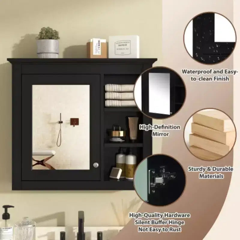 30x28 inch Gray Wall Mounted Bathroom Storage Medicine Cabinet with Mirror and 3 Open Shelves