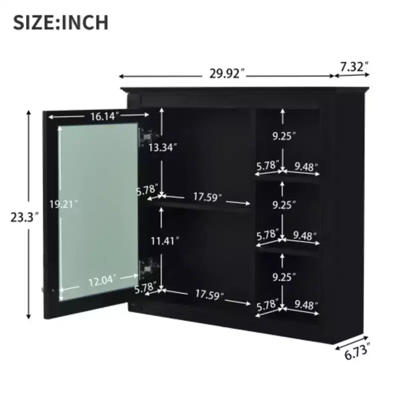 30x28 inch Gray Wall Mounted Bathroom Storage Medicine Cabinet with Mirror and 3 Open Shelves