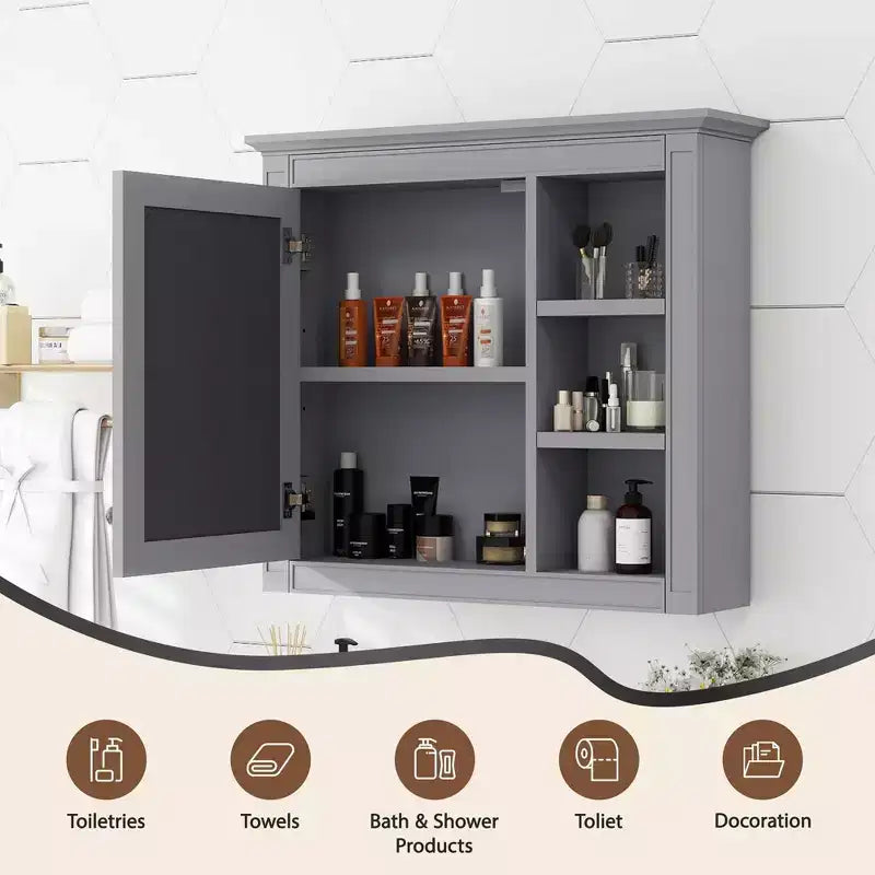 30x28 inch Gray Wall Mounted Bathroom Storage Medicine Cabinet with Mirror and 3 Open Shelves
