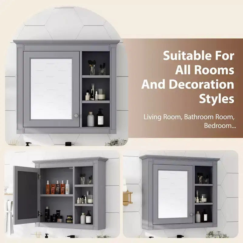 30x28 inch Gray Wall Mounted Bathroom Storage Medicine Cabinet with Mirror and 3 Open Shelves