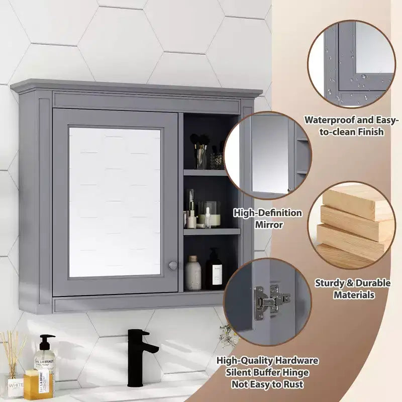 30x28 inch Gray Wall Mounted Bathroom Storage Medicine Cabinet with Mirror and 3 Open Shelves
