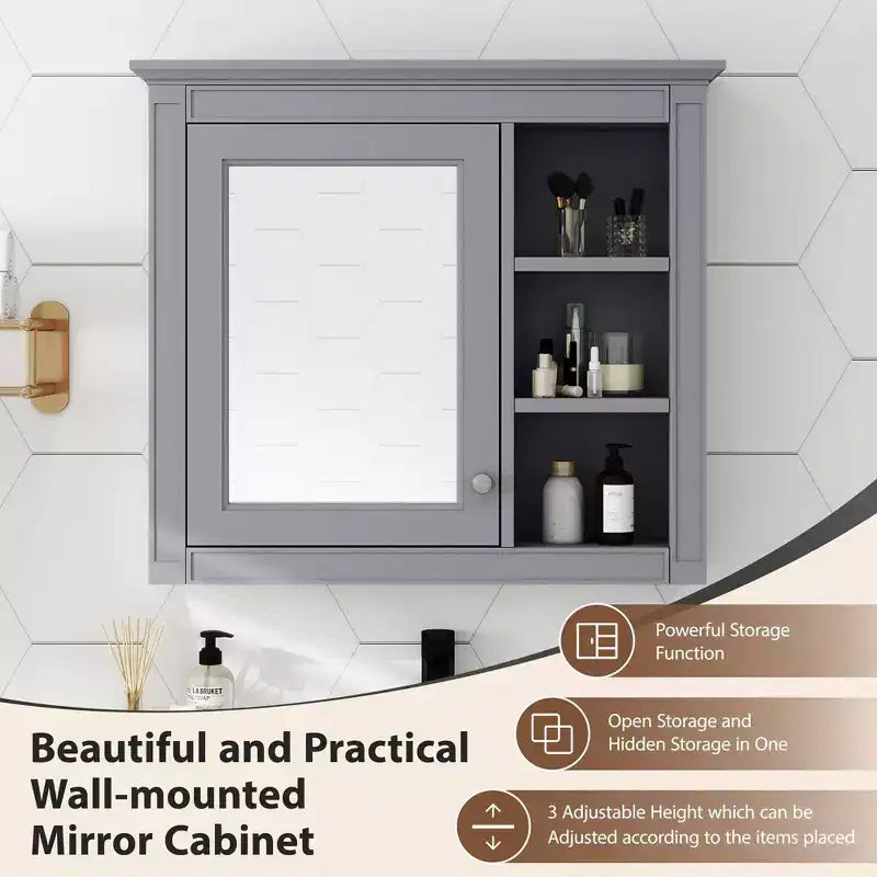 30x28 inch Gray Wall Mounted Bathroom Storage Medicine Cabinet with Mirror and 3 Open Shelves
