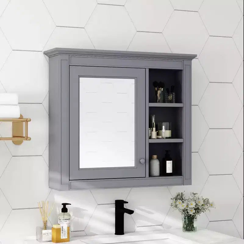 30x28 inch Gray Wall Mounted Bathroom Storage Medicine Cabinet with Mirror and 3 Open Shelves