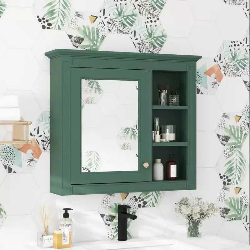 30x28 inch Gray Wall Mounted Bathroom Storage Medicine Cabinet with Mirror and 3 Open Shelves