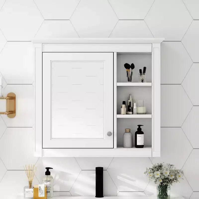 30x28 inch Gray Wall Mounted Bathroom Storage Medicine Cabinet with Mirror and 3 Open Shelves