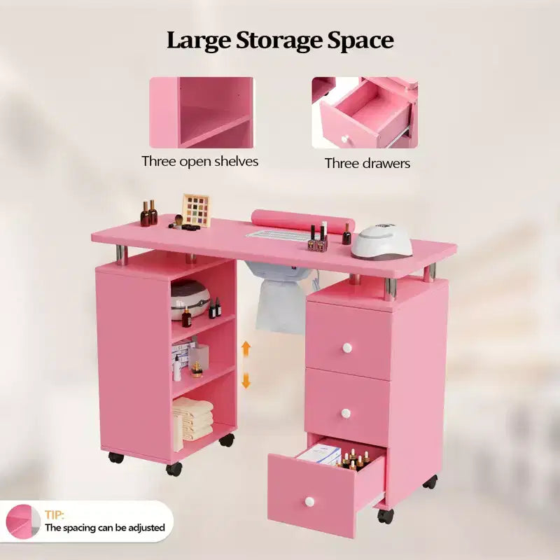 42.5" White MDF 3-Drawer Manicure Table Nail Desk with Open Side Cabinet and Electric Dust Collector