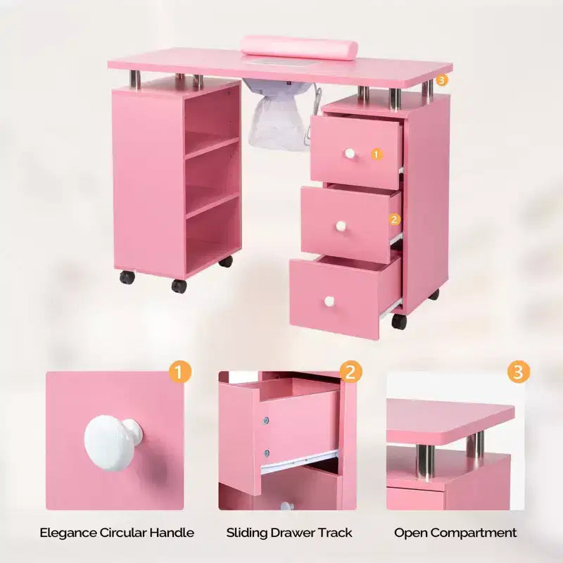 42.5" White MDF 3-Drawer Manicure Table Nail Desk with Open Side Cabinet and Electric Dust Collector