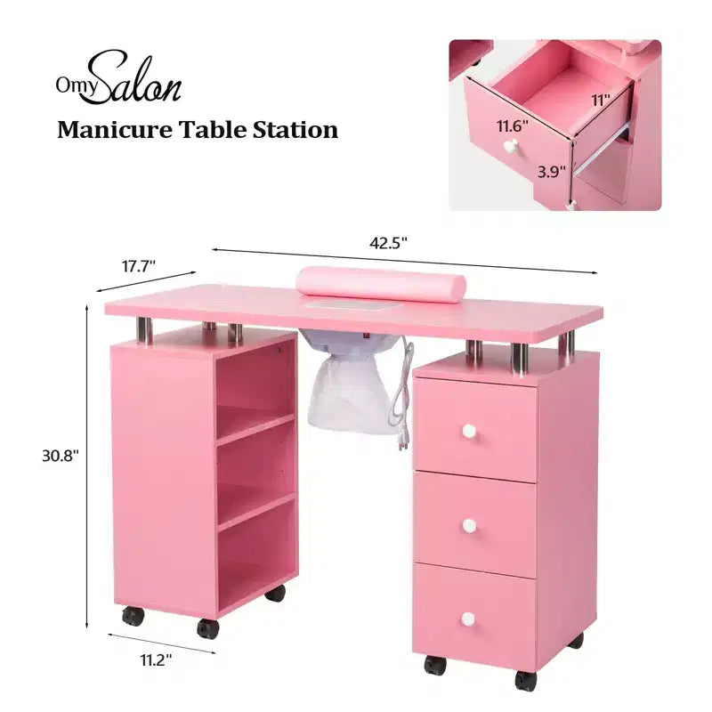 42.5" White MDF 3-Drawer Manicure Table Nail Desk with Open Side Cabinet and Electric Dust Collector