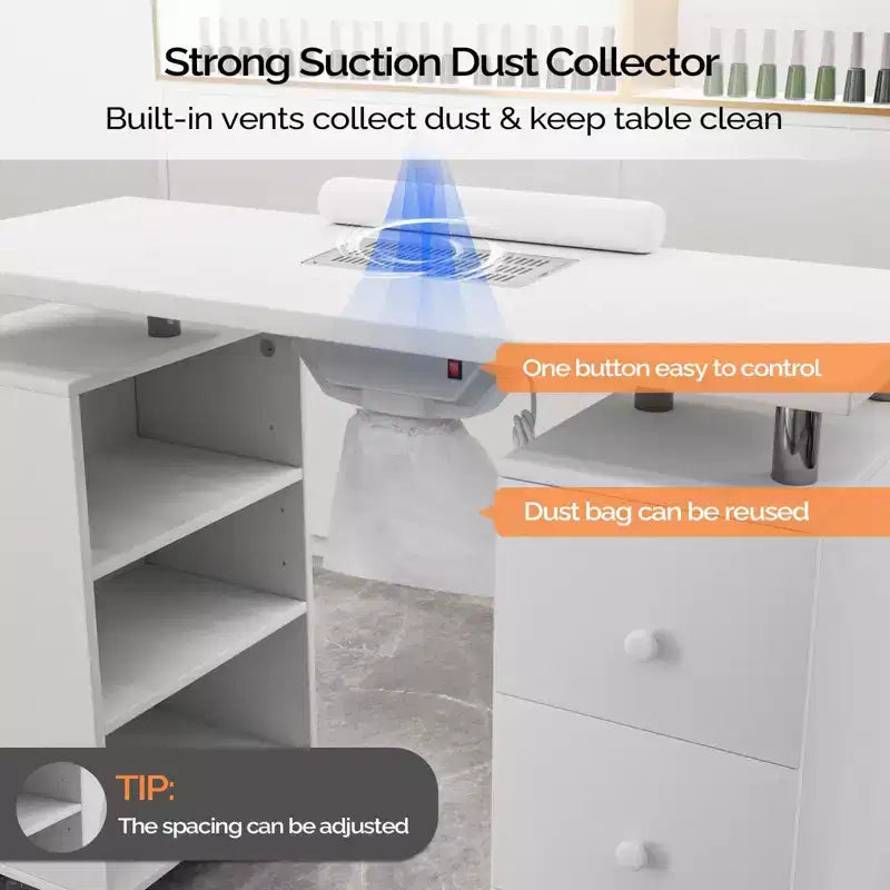 42.5" White MDF 3-Drawer Manicure Table Nail Desk with Open Side Cabinet and Electric Dust Collector
