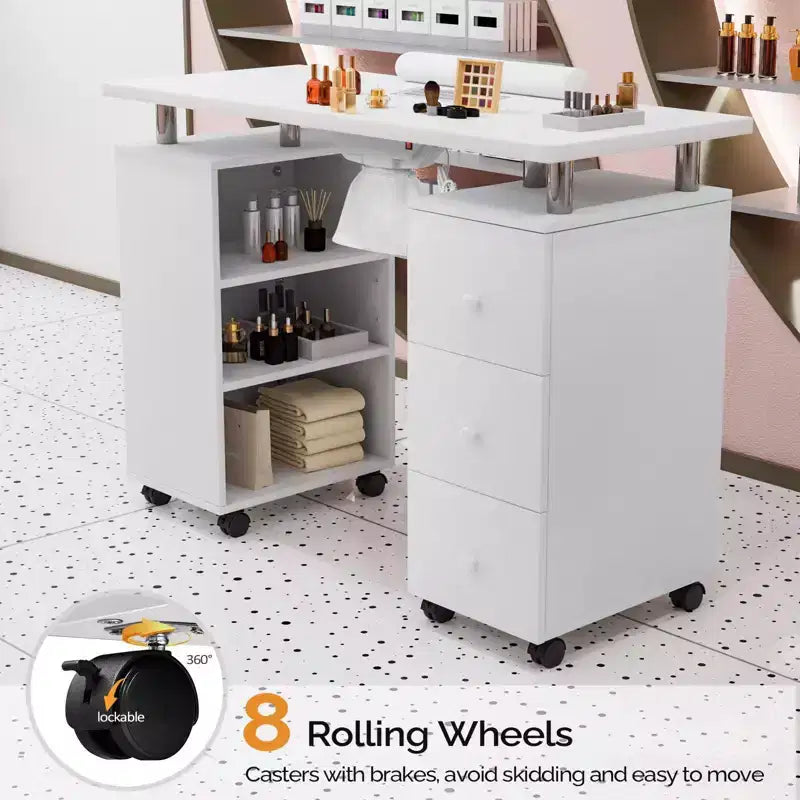 42.5" White MDF 3-Drawer Manicure Table Nail Desk with Open Side Cabinet and Electric Dust Collector