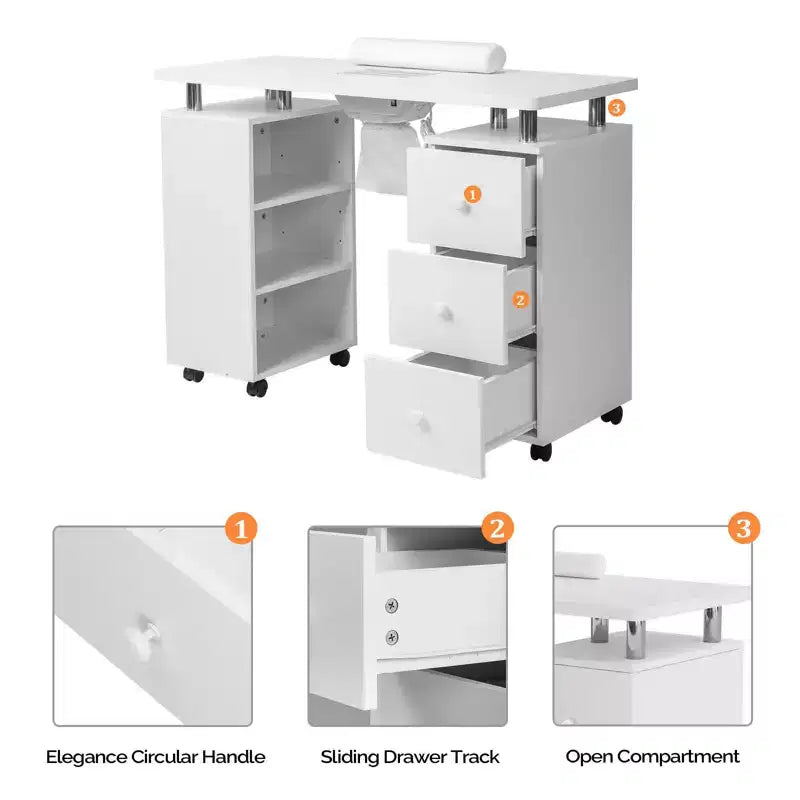 42.5" White MDF 3-Drawer Manicure Table Nail Desk with Open Side Cabinet and Electric Dust Collector