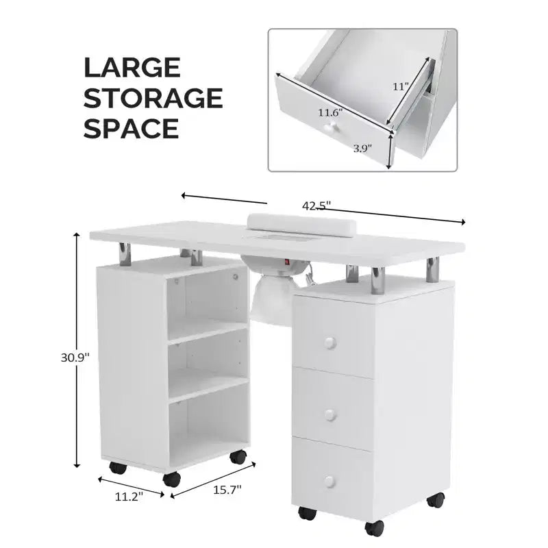 42.5" White MDF 3-Drawer Manicure Table Nail Desk with Open Side Cabinet and Electric Dust Collector