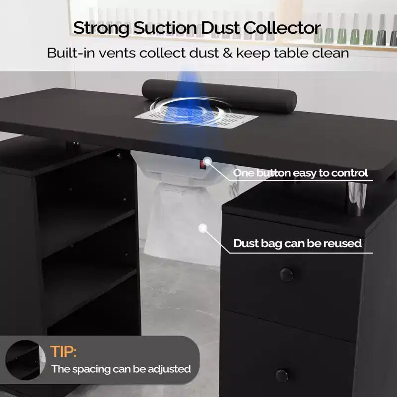 42.5" White MDF 3-Drawer Manicure Table Nail Desk with Open Side Cabinet and Electric Dust Collector