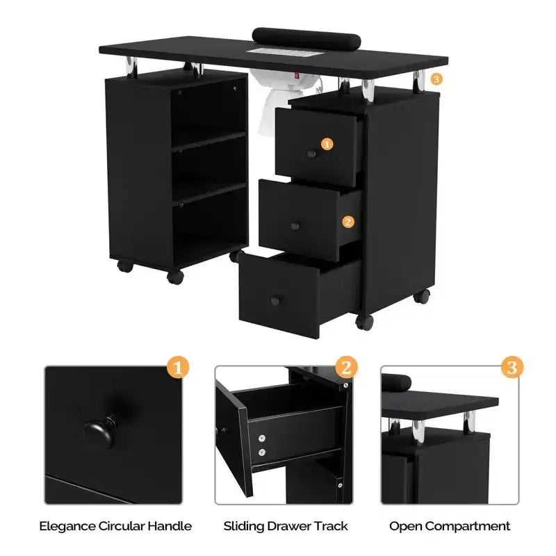 42.5" White MDF 3-Drawer Manicure Table Nail Desk with Open Side Cabinet and Electric Dust Collector