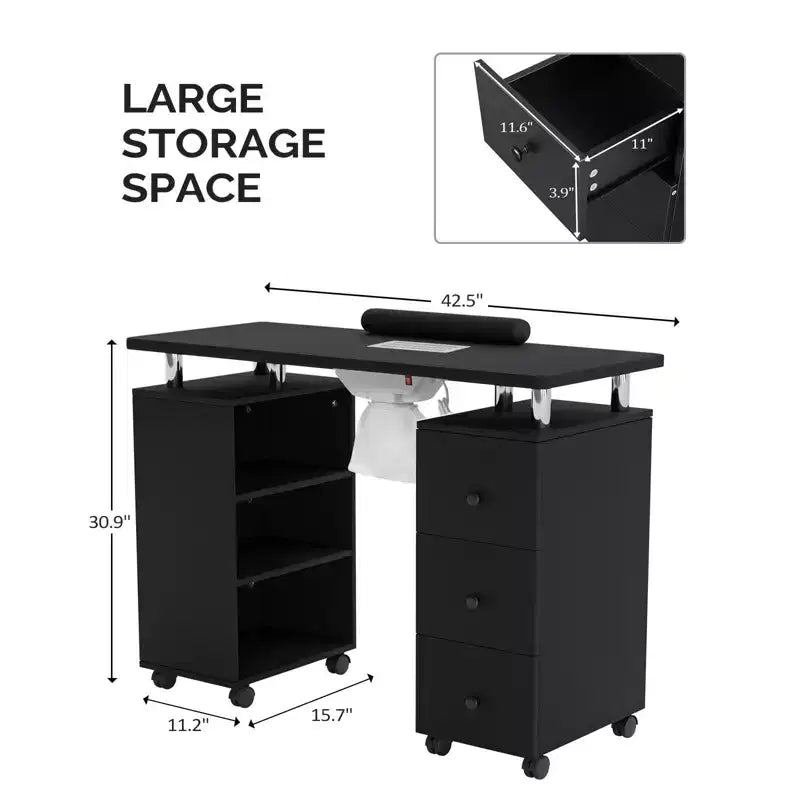 42.5" White MDF 3-Drawer Manicure Table Nail Desk with Open Side Cabinet and Electric Dust Collector