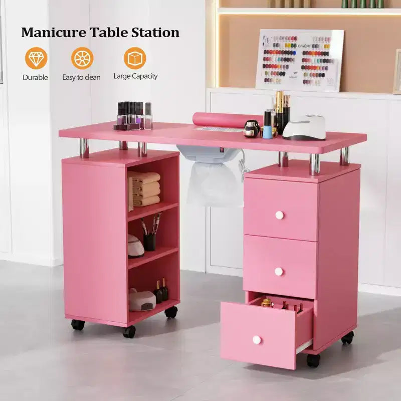 42.5" White MDF 3-Drawer Manicure Table Nail Desk with Open Side Cabinet and Electric Dust Collector