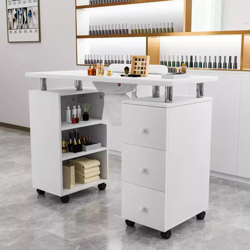 42.5" White MDF 3-Drawer Manicure Table Nail Desk with Open Side Cabinet and Electric Dust Collector