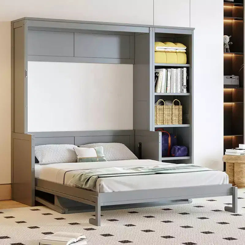 Murphy Bed with Fold-Out Desk & Bookshelves, Space-Saving Wall Bed
