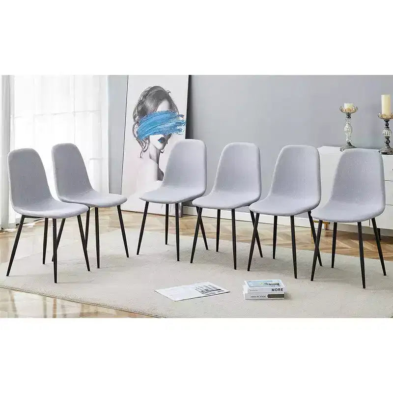 Set of 6 Linen Cotton Dining Chairs, Light Gray, Integrated Seat & Backrest, Modern Style