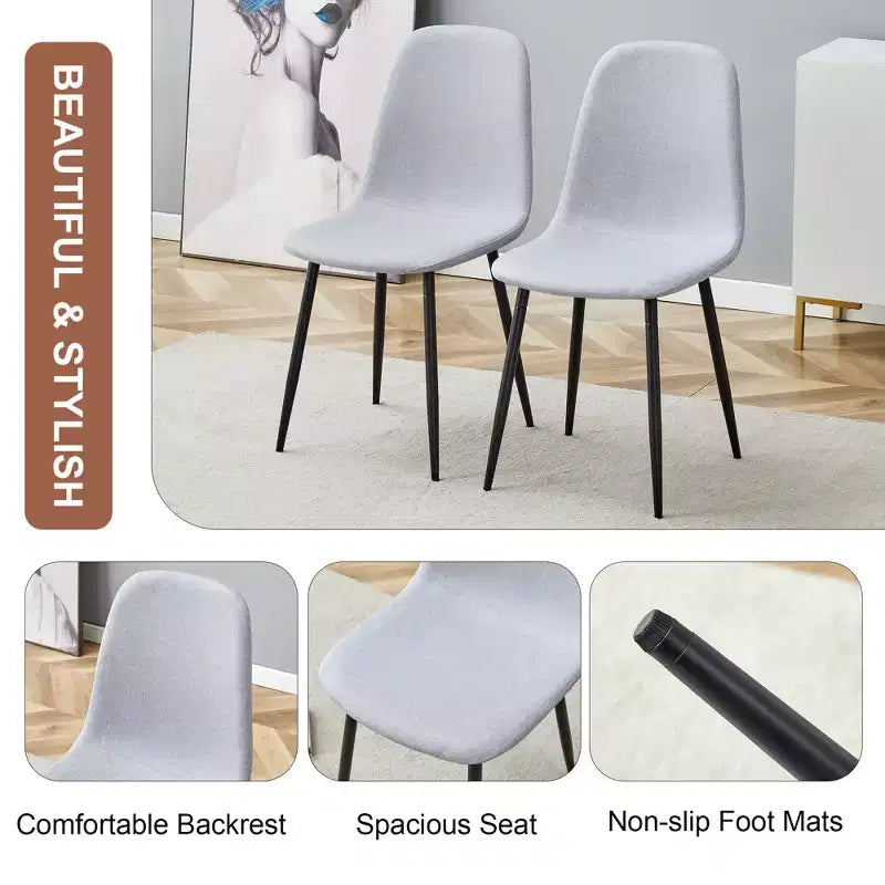 Set of 6 Linen Cotton Dining Chairs, Light Gray, Integrated Seat & Backrest, Modern Style