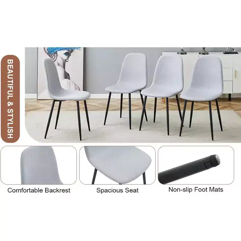 Set of 6 Linen Cotton Dining Chairs, Light Gray, Integrated Seat & Backrest, Modern Style